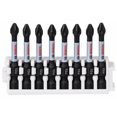 Een set van acht Bosch PZ2-schroevendraaierbits op een witte houder, geschikt voor schroefwerkzaamheden met kruiskop.
