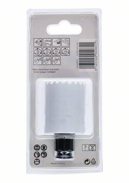 Packaging for 'Bosch Power Tools', displaying a white saw blade with details on application and technical specifications.
