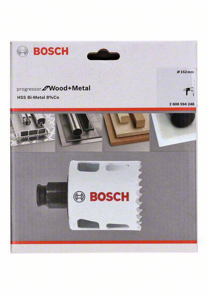 Verpakking voor een Bosch gatenzaag. 'Progressor Wood+Metal' staat bovenaan. Afbeeldingen tonen toepassingen in hout en metaal.
