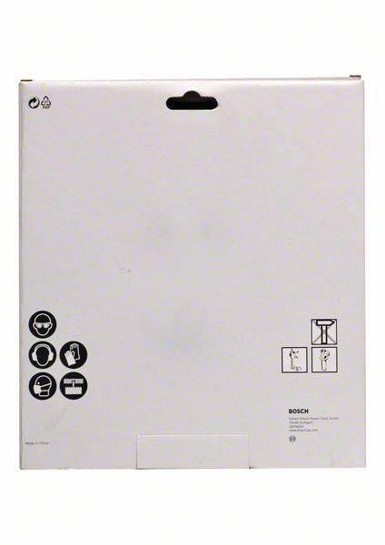 Witte verpakking met symbolen voor veiligheidsbril en beschermende kleding. Merk 'Bosch' onderaan rechts, aanwijzing voor veiligheid.