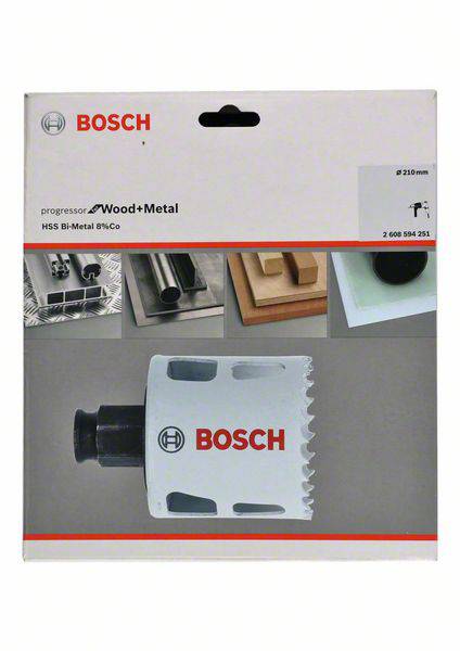 Verpakking van een Bosch gatenzaagopzetstuk voor hout en metaal, HSS Bi-Metaal 8% Co. Productafbeeldingen en toepassingsvoorbeelden bovenaan.