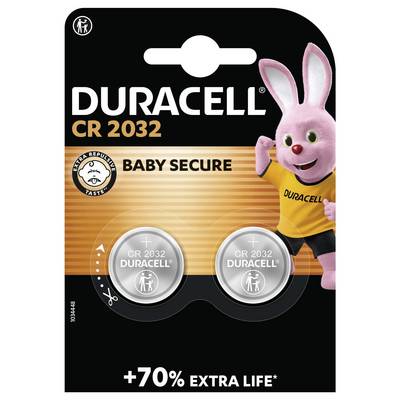 Duracell CR2032 batterijpack met konijnenmascotte, gelabeld 'Baby Secure' en '+70% Extra Leven'. Inclusief veiligheidssymbool voor kinderveilige verpakking.