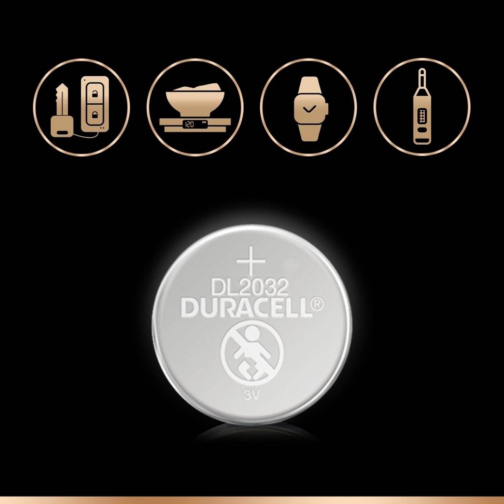 'Kindveilige verpakking' boven een afbeelding van een batterij met het opschrift 'DL2032 Duracell 3V', veiligheidssymbool bovenaan.