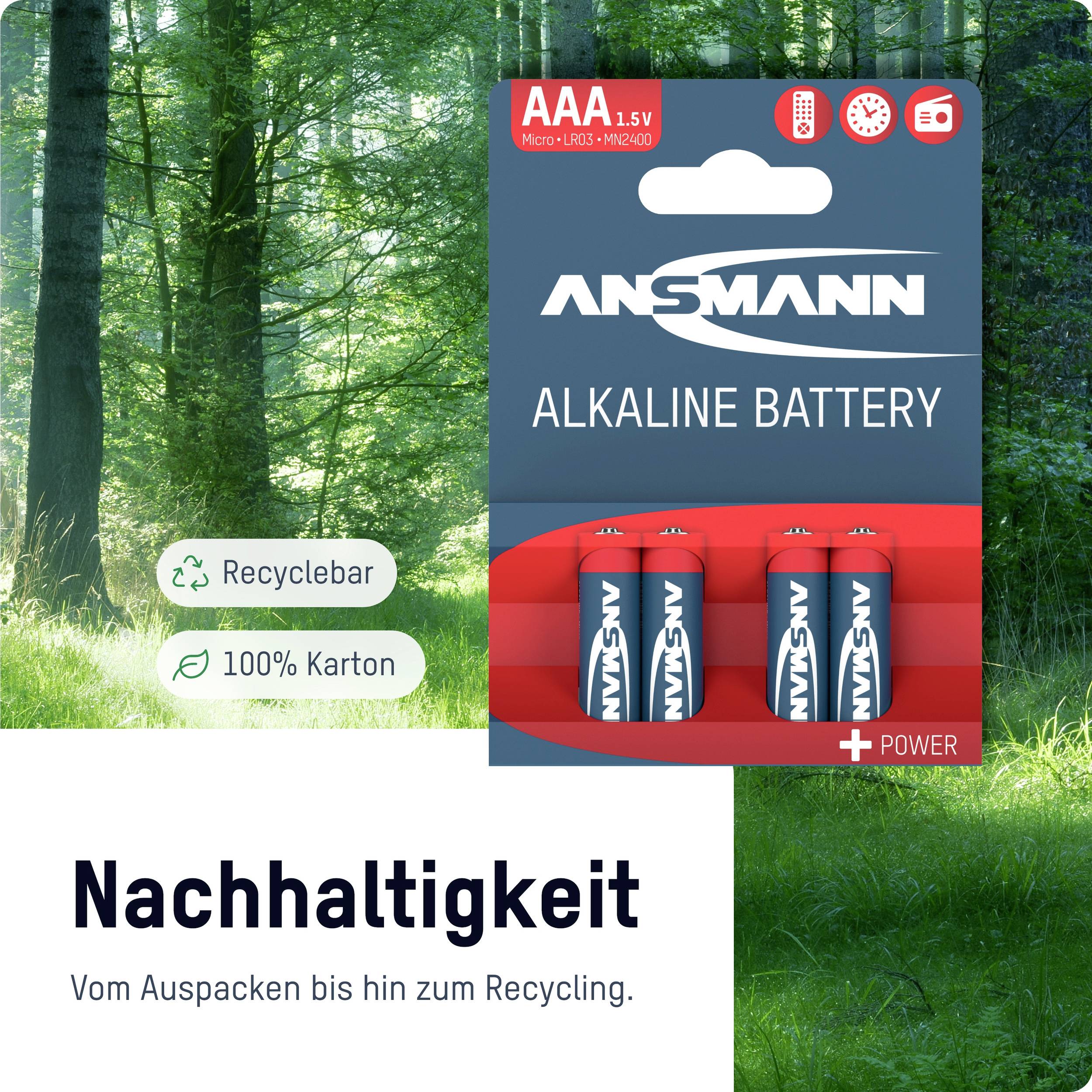 'Op de afbeelding staat een verpakking Ansmann alkaline AAA-batterijen, ernaast symbolen met tekst: 'Recycleerbaar, Herbruikbaar' op een groene bosachtergrond.'