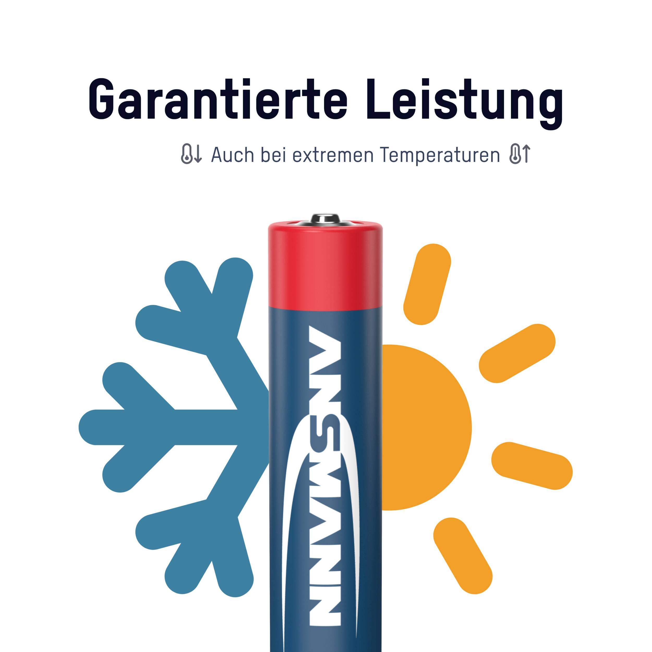 Een batterij met het opschrift 'ANSWANN', omgeven door een sneeuwvlok- en zonsymbool. Tekst: 'Gegarandeerde prestaties bij extreme temperaturen'.