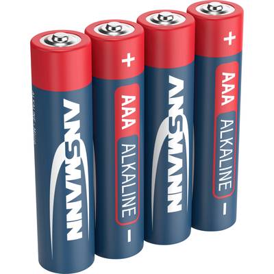 Vier rode en blauwe AAA-alkalinebatterijen van Ansmann staan naast elkaar met plus- en minuspolen boven.