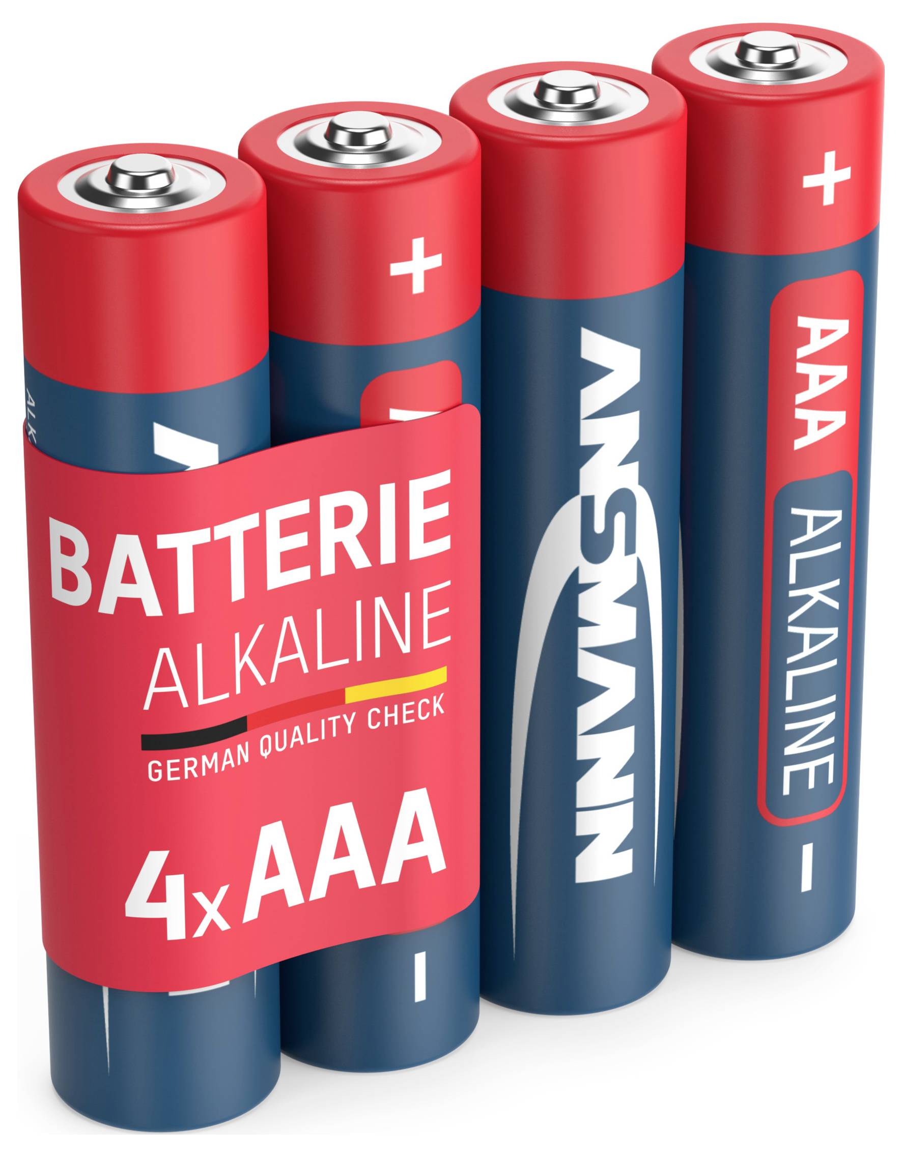 Vier blauwe AAA-alkalibatterijen van een Duits merk met een rode verpakking, waarop 'Batterie Alkaline 4xAAA' staat aangegeven.