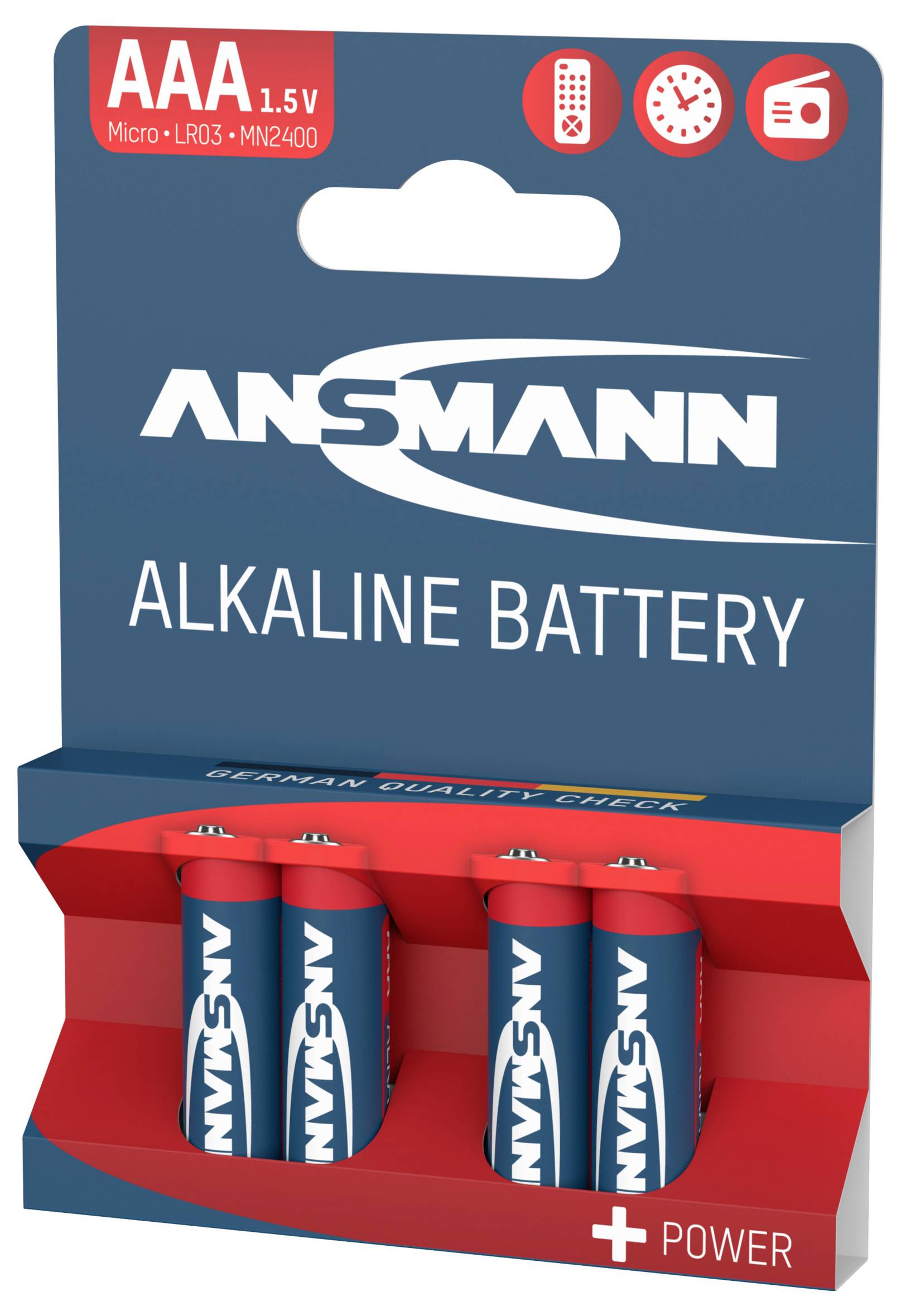 Verpakking met vier AAA-alkalinebatterijen van het merk Ansmann, gemerkt met 'German Quality Check', geschikt voor horloges, zaklantaarns en afstandsbedieningen.