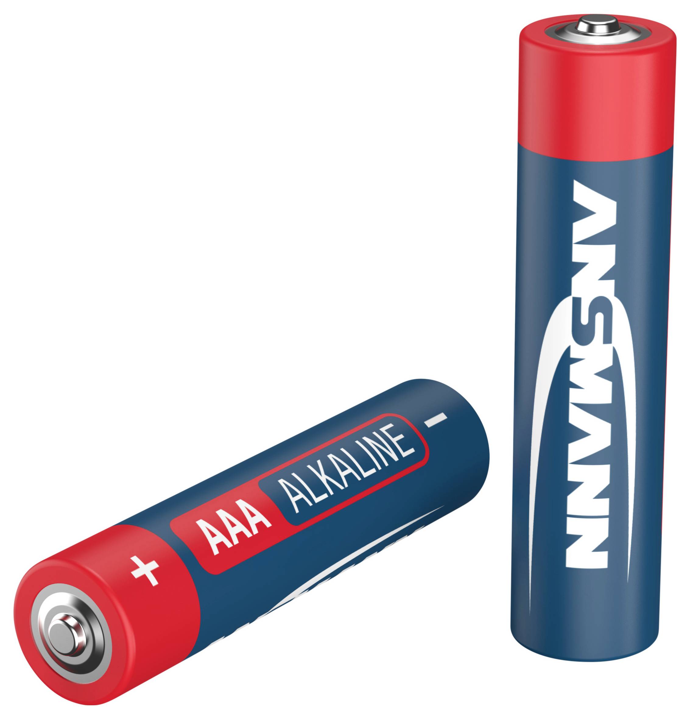 Twee alkaline AAA-batterijen, één liggend en één staand, met rode plus- en minuspool, blauwe opdruk 'ANSIMAN'.