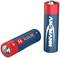 Twee AA-alkalinebatterijen: Eén staat rechtop, de andere ligt neer, beide in blauw-rood met plus- en minustekens zichtbaar.