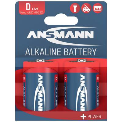 'Verpakking met twee Ansmann alkaline-batterijen, type D, 1,5 V, geschikt voor zaklantaarns en speelgoed.'
