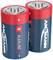 Twee rode en blauwe D-alkalibatterijen met plus- en minuspolen.
