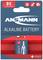 'Ansmann 9V Alkaline Batterij' in blauw-rode verpakking. Geschikt voor rookmelders en andere apparaten, lange levensduur en prestatie.