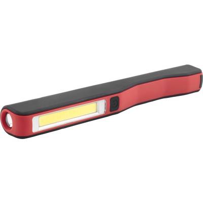 Rode, rechthoekige zaklamp met zijdelingse LED-balk en zwarte handgreep, geschikt voor klussen en ambachtelijk werk.