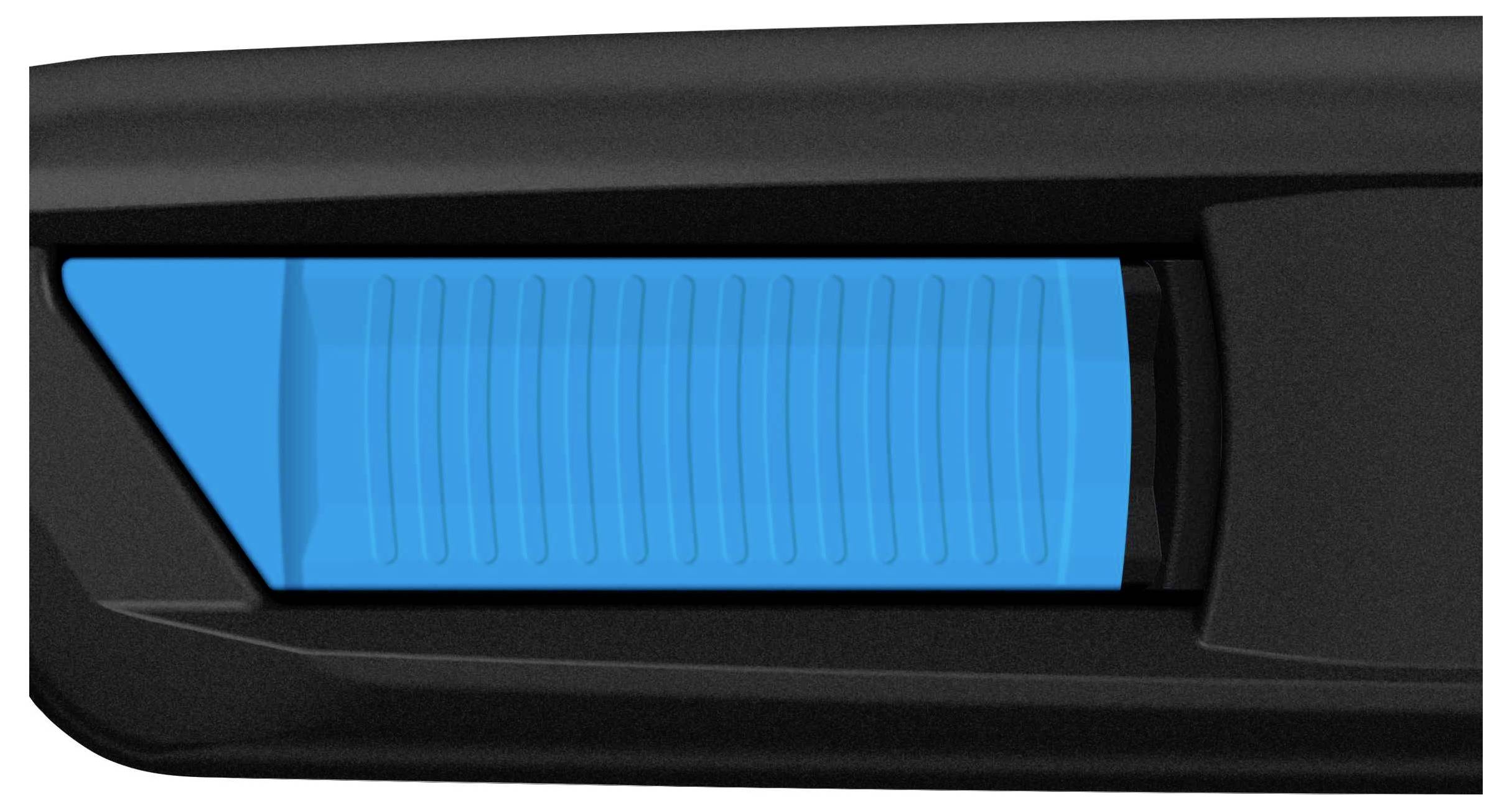 Close-up van een blauwe, gestructureerde toets op een zwart apparaat.