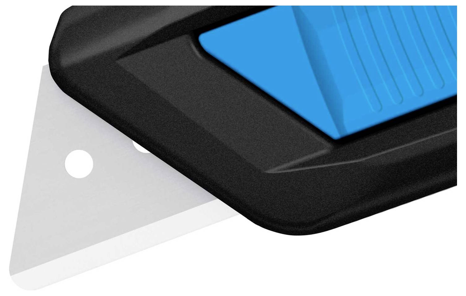 Een blauw gereedschap met een zwarte handgreep en een driehoekige metalen snijrand, geschikt voor het snijden of schrapen van oppervlakken.