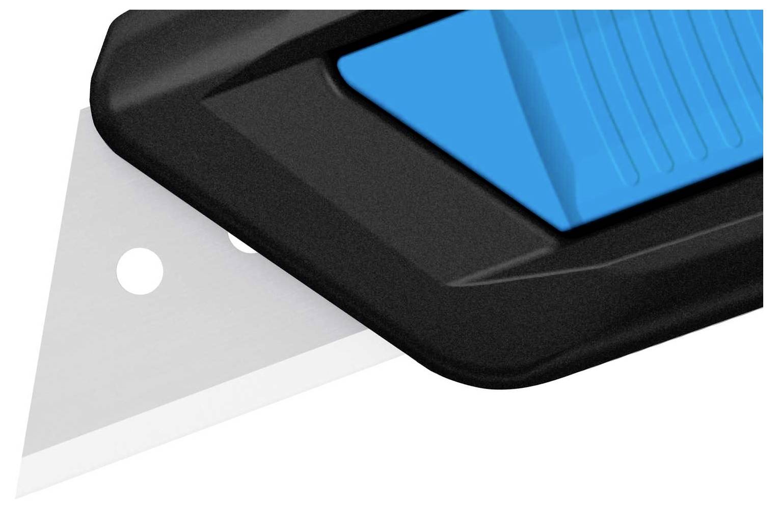 Close-up van een zwart en blauw intrekmes, gedeeltelijk uitgeschoven.