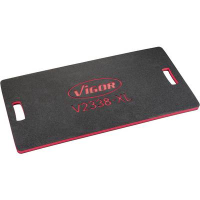 Zwarte mat met rode rand, voorzien van het opschrift 'Vigor V2338-XL', met twee handgrepen aan de zijkanten, bedoeld als kniebeschermer.