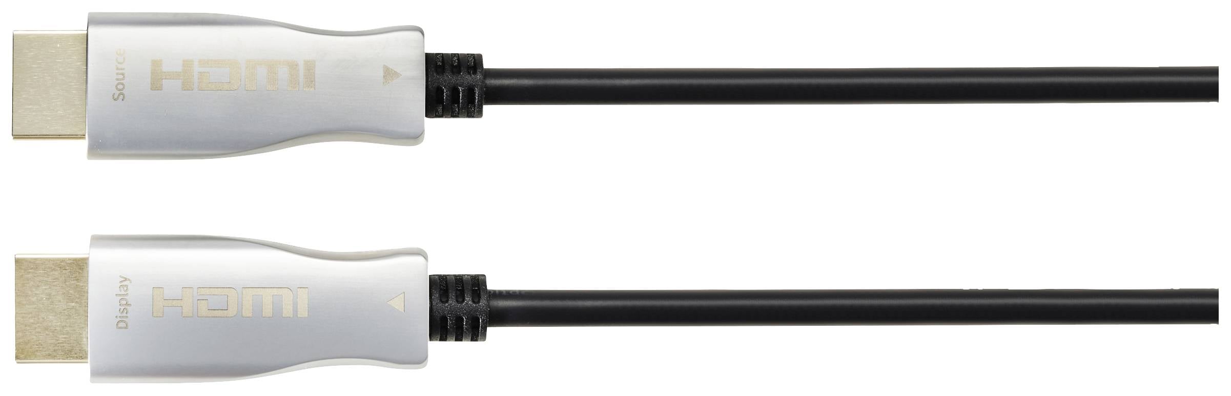 Twee HDMI-kabels met zwarte kabels en zilveren aansluitingen met de opschriften 'Display' en 'HDMI'.