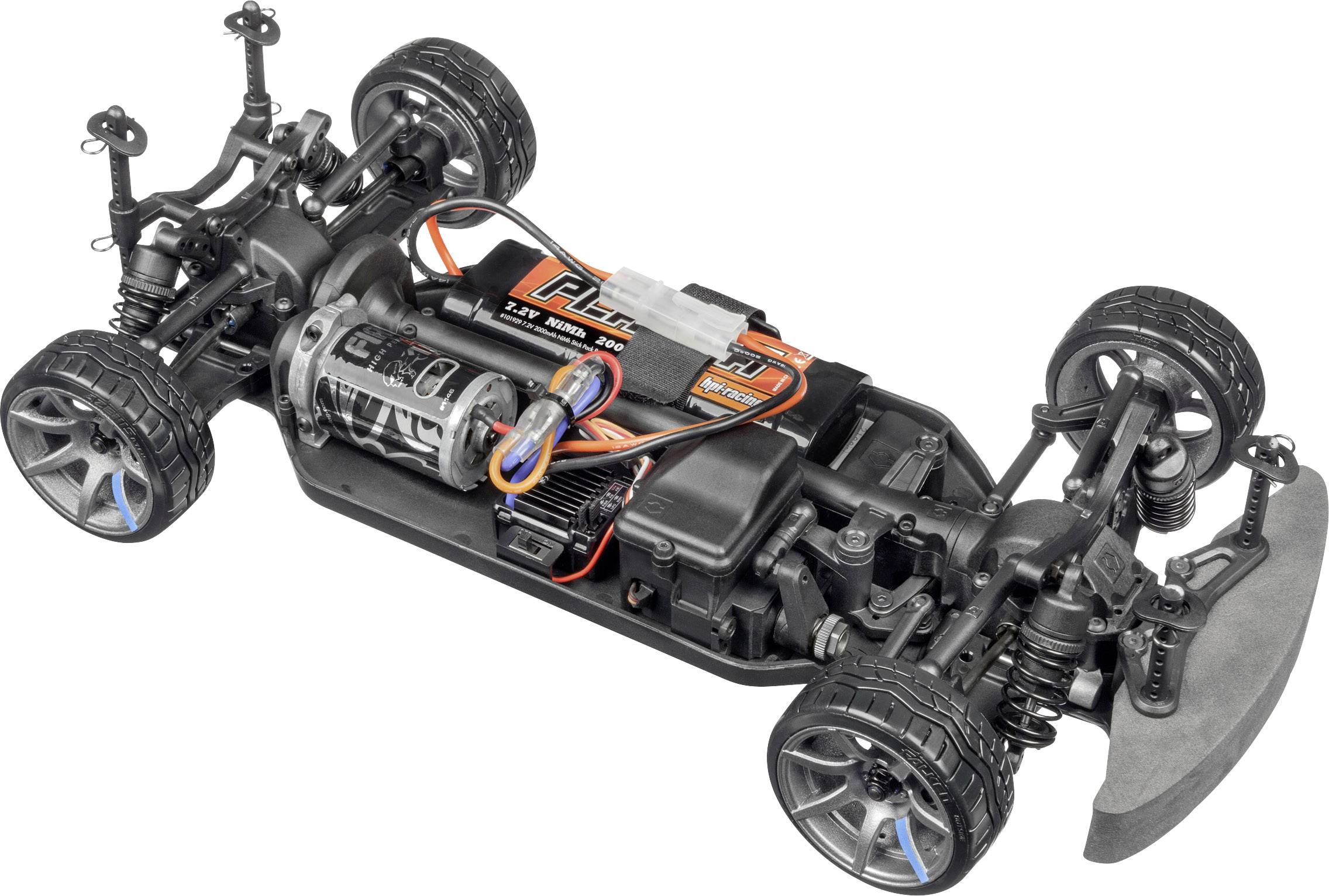 Ver afstandsbediend auto-chassis met motor, ophanging en bekabeling zichtbaar.