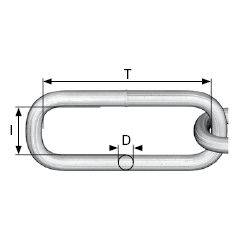 Diagram van een schakel met gelabelde afmetingen: 'T' voor totale lengte, 'D' voor diameter en 'I' voor binnenste hoogte.