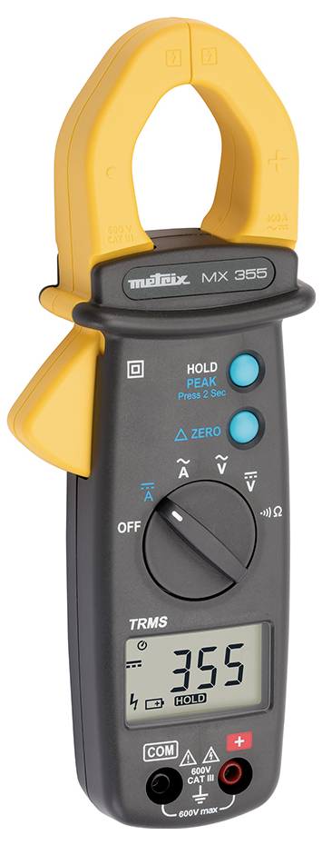 Een digitale multimeter met tangmeting toont een meetwaarde van 355 op het display. Het apparaat is zwart met gele tangbekken.