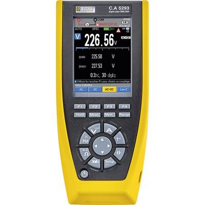 Een geel digitaal multimeter toont een spanning van 226,56 V. Er zijn talrijke bedieningsknoppen voor verschillende meetfuncties.
