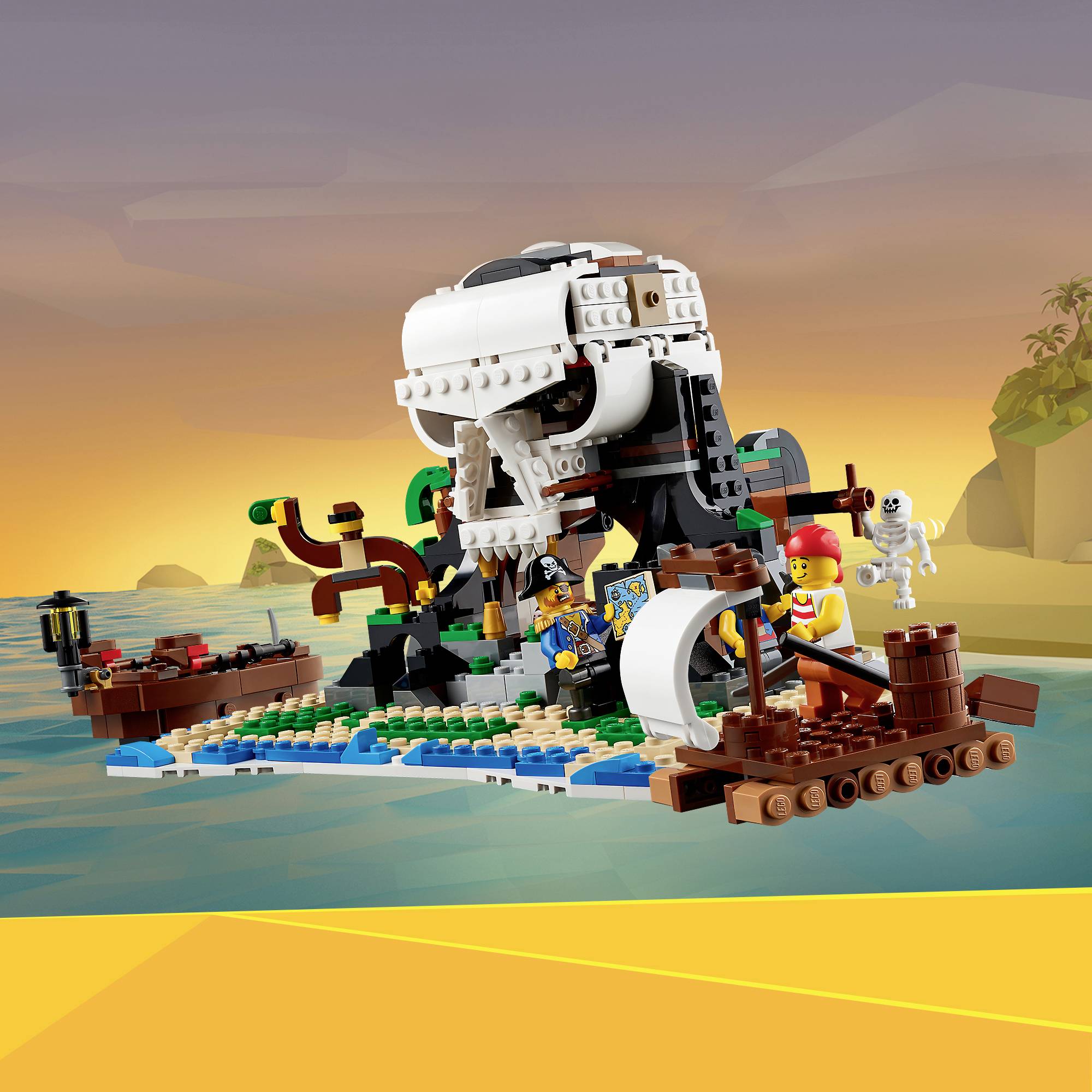 Speelgoed-Lego-set met een piratenschip, skelet en schedelrotsen op een eiland. Op de achtergrond gaat de zon onder boven de zee.