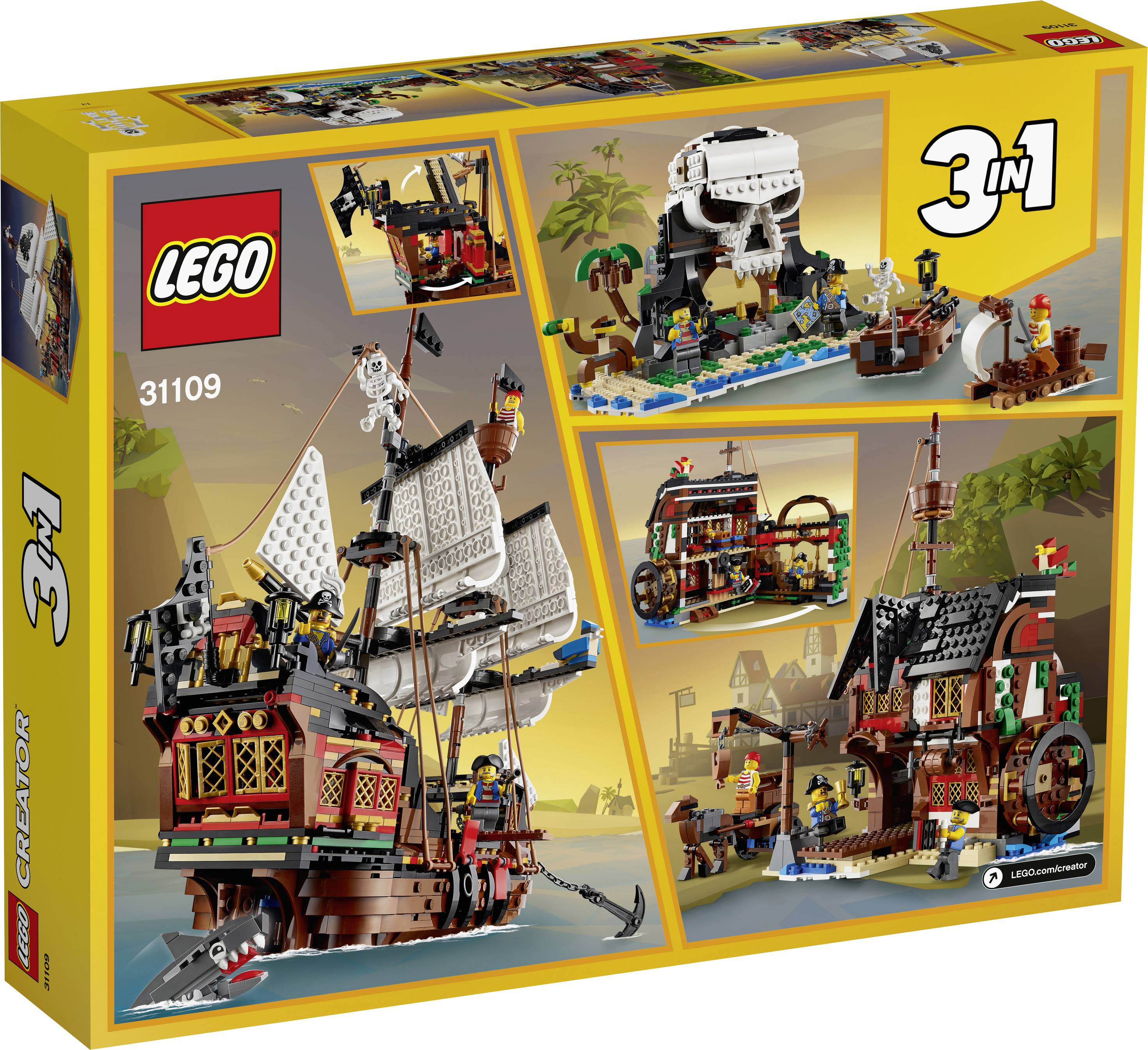 Bouwpakket voor een LEGO Piratenschip met drie bouwmogelijkheden: Piratenschip, Doodshoofdeneiland, Piratenhuis. Inclusief figuren en toebehoren.