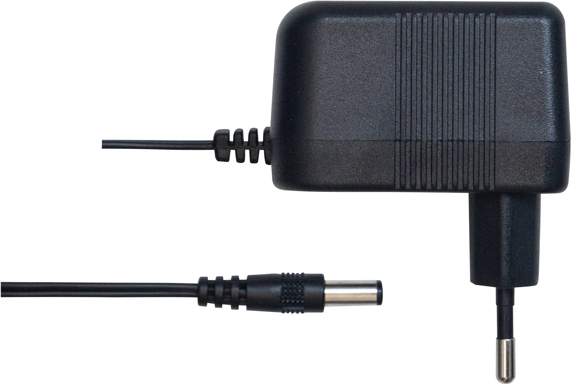 Zwart netsnoer met een dun kabel dat uitkomt op een cilindrische stekker, geschikt voor het opladen van elektronische apparaten.