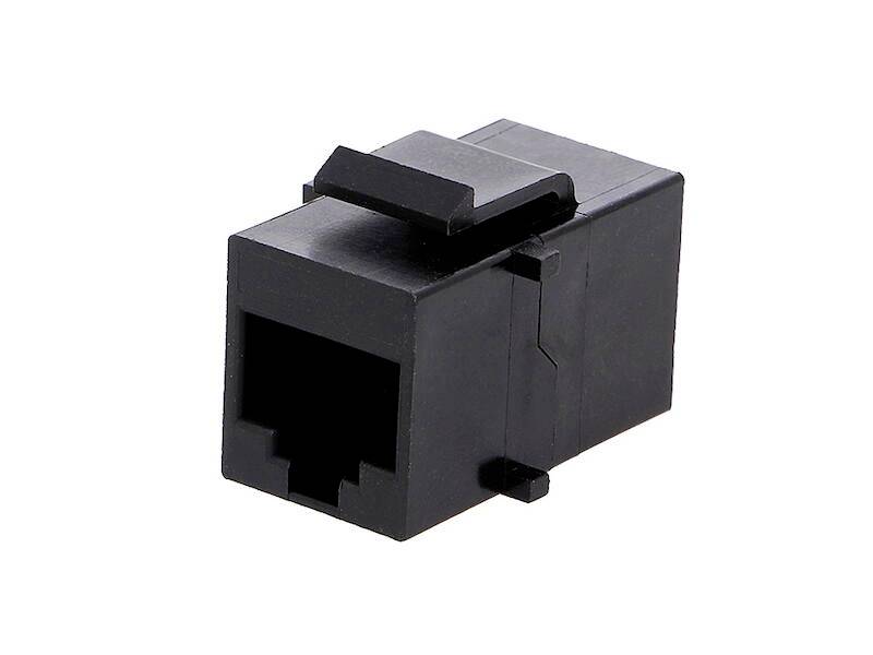 Een zwarte RJ45-netwerkpoortmodule voor Ethernet-verbindingen in een rechthokkige kunststof behuizing.
