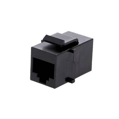 Een zwarte RJ45-netwerkpoortmodule voor Ethernet-verbindingen in een rechthokkige kunststof behuizing.