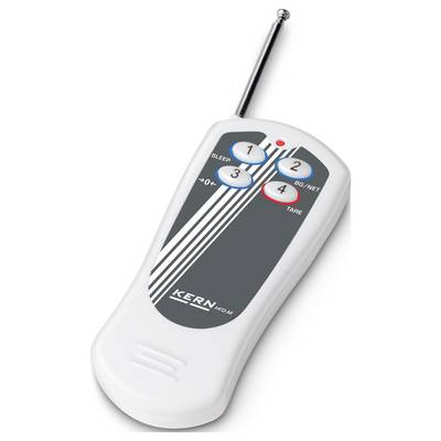 Afstandsbediening met vier genummerde toetsen, antenne en grijs bedieningspaneel. Gemarkeerd met 'KERN', vermoedelijk voor digitale weegschalen.