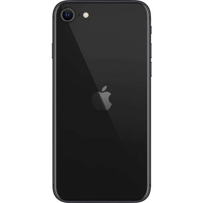 Een zwarte smartphone van achteren met het logo van een aangevreten appel in het midden. In het bovenste gedeelte bevinden zich een camera en een flits.