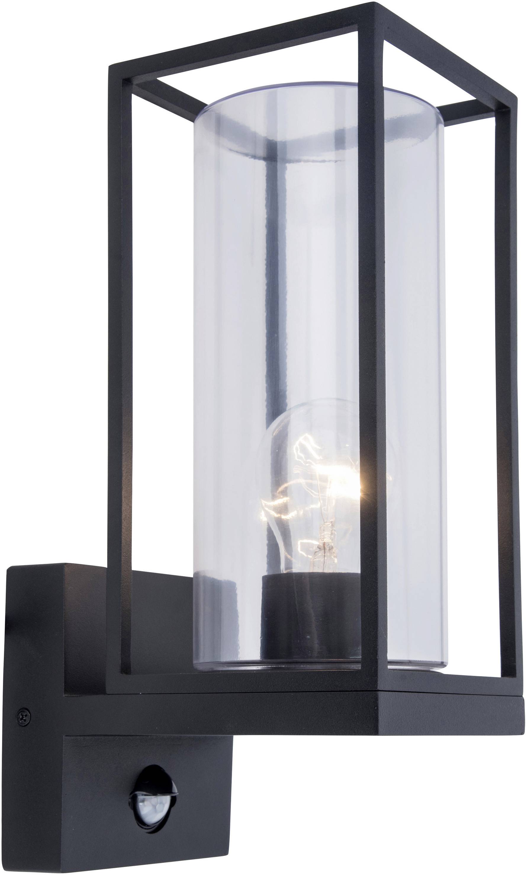 Een moderne wandlamp met een zwart frame en een transparante glazen cilinder, waarin een gloeilamp zichtbaar is.