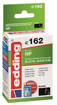 De verpakking van een Edding inktpatroon nr. 162, compatibel met HP-apparaten. Kleur: Zwart. Modellen: Deskjet 3910, 5820.