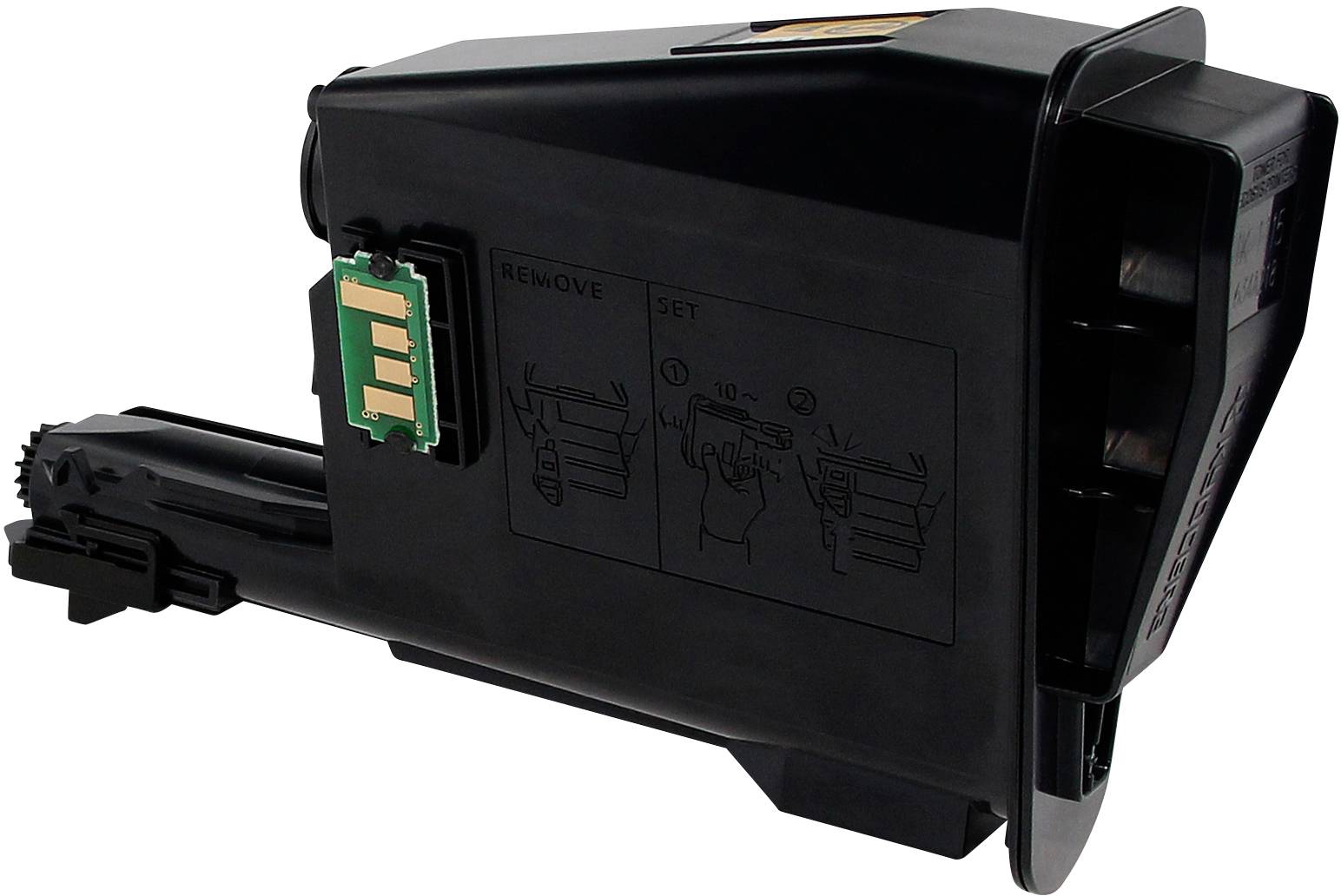 Zwarte tonercartridge met chip en installatiehandleiding, toont stappen voor verwijdering en plaatsing voor printer.
