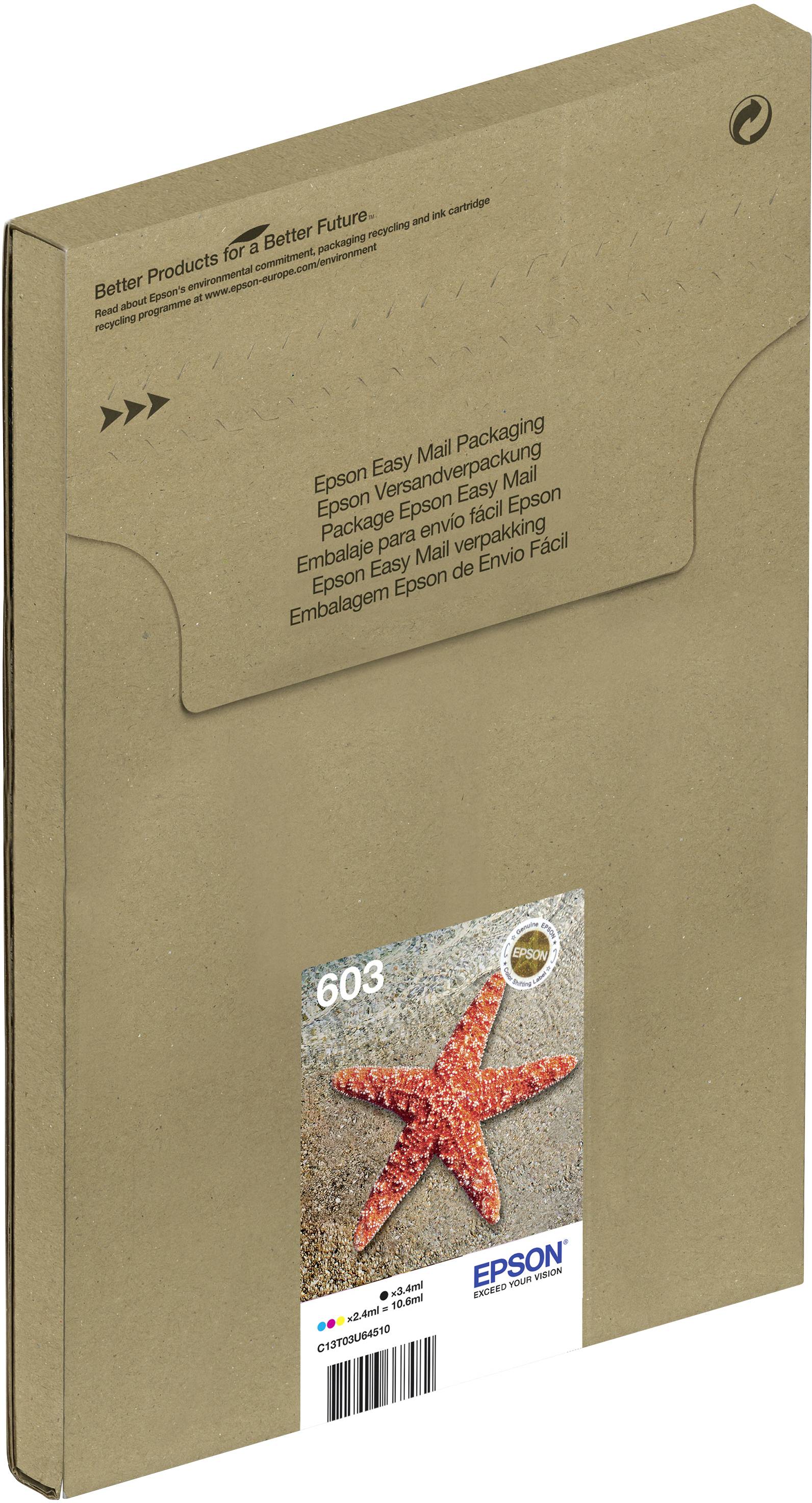 Een bruine envelop met Epson-logo, met daarop een afbeelding van een rode zeester en de tekst 'Epson Easy Mail Packaging 603'.