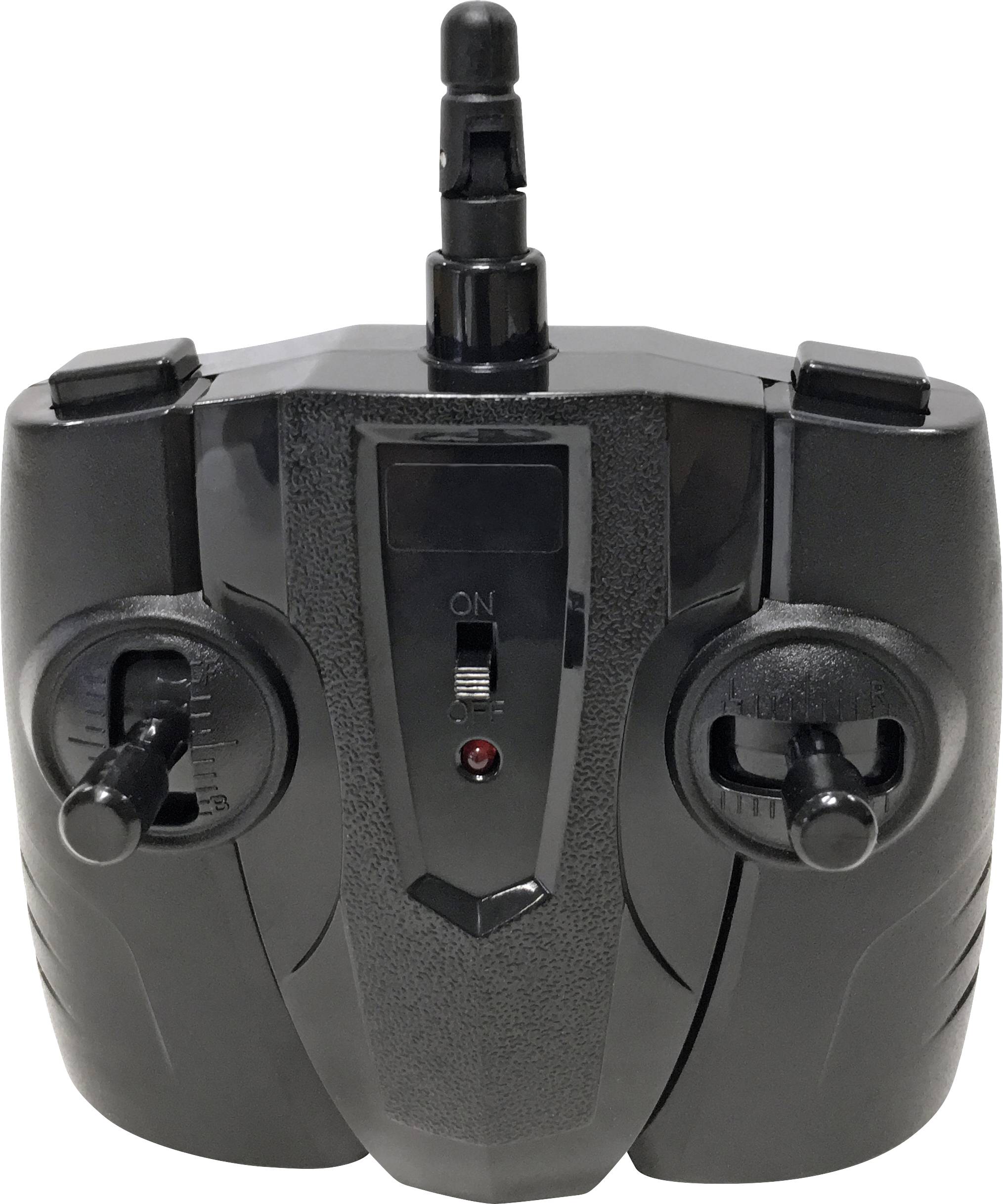 Zwarte afstandsbediening met twee joysticks en een schakelaar in het midden, gebruikt voor het besturen van radiografisch bestuurde voertuigen.