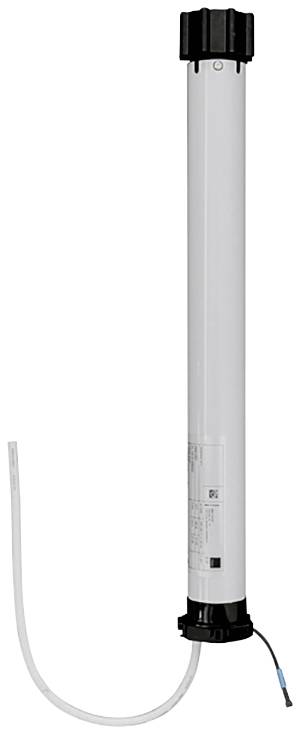 Een witte cilindrische motor met een zwart uiteinde en kabel, waarschijnlijk bedoeld voor rolluiken of beveiligingsinstallaties.