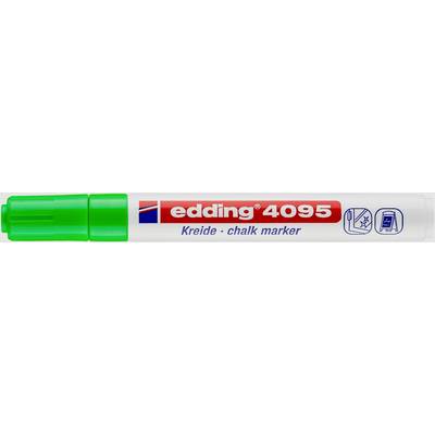 Een groene stift met de opschrift 'edding 4095 Krijtmarker - chalk marker', geschikt voor gladde oppervlakken, links met een groene dop.