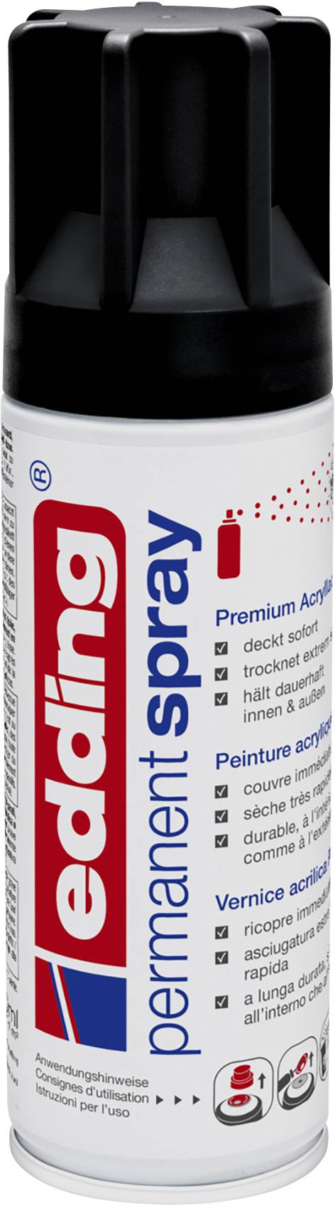 Spuitbus van edding, permanente spray, Premium acrylverf. Geschikt voor verschillende oppervlakken, binnen- en buitengebruik.