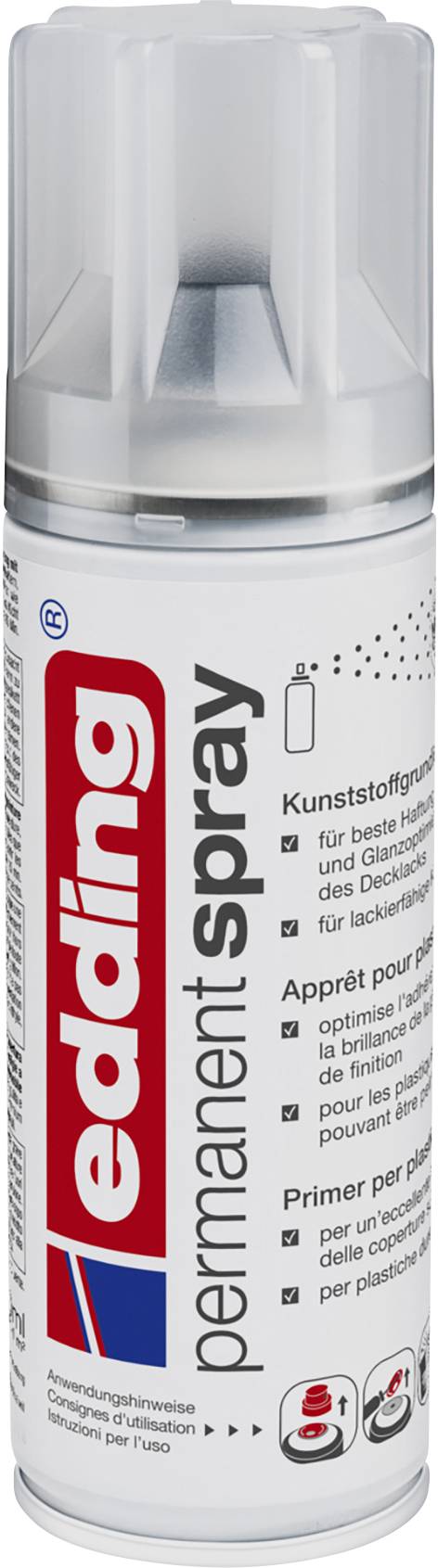 Een spuitbus met de opdruk 'edding permanent spray'. Het product is geschikt voor kunststoffen en glas. Bevat een primer.