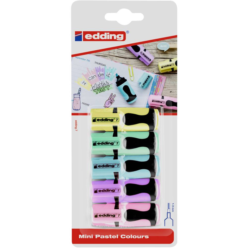 Edding 7 - mini pastel colours - blister met 5 pocket markeerstiften - markers in pastelkleuren (geel, groen, blauw, paars, roze) - puntdikte variabel 1-3 mm