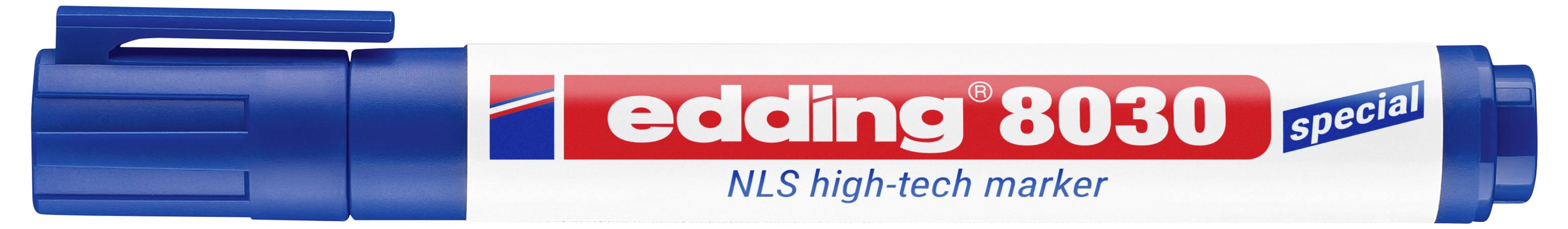 Blauwe Edding 8030 speciale NLS high-tech markeerstift met dop, horizontaal weergegeven op een witte achtergrond.