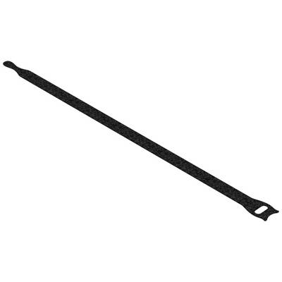 Een zwarte kabelbinder-strook van klittenband, typisch gebruikt voor het organiseren en bundelen van kabels.