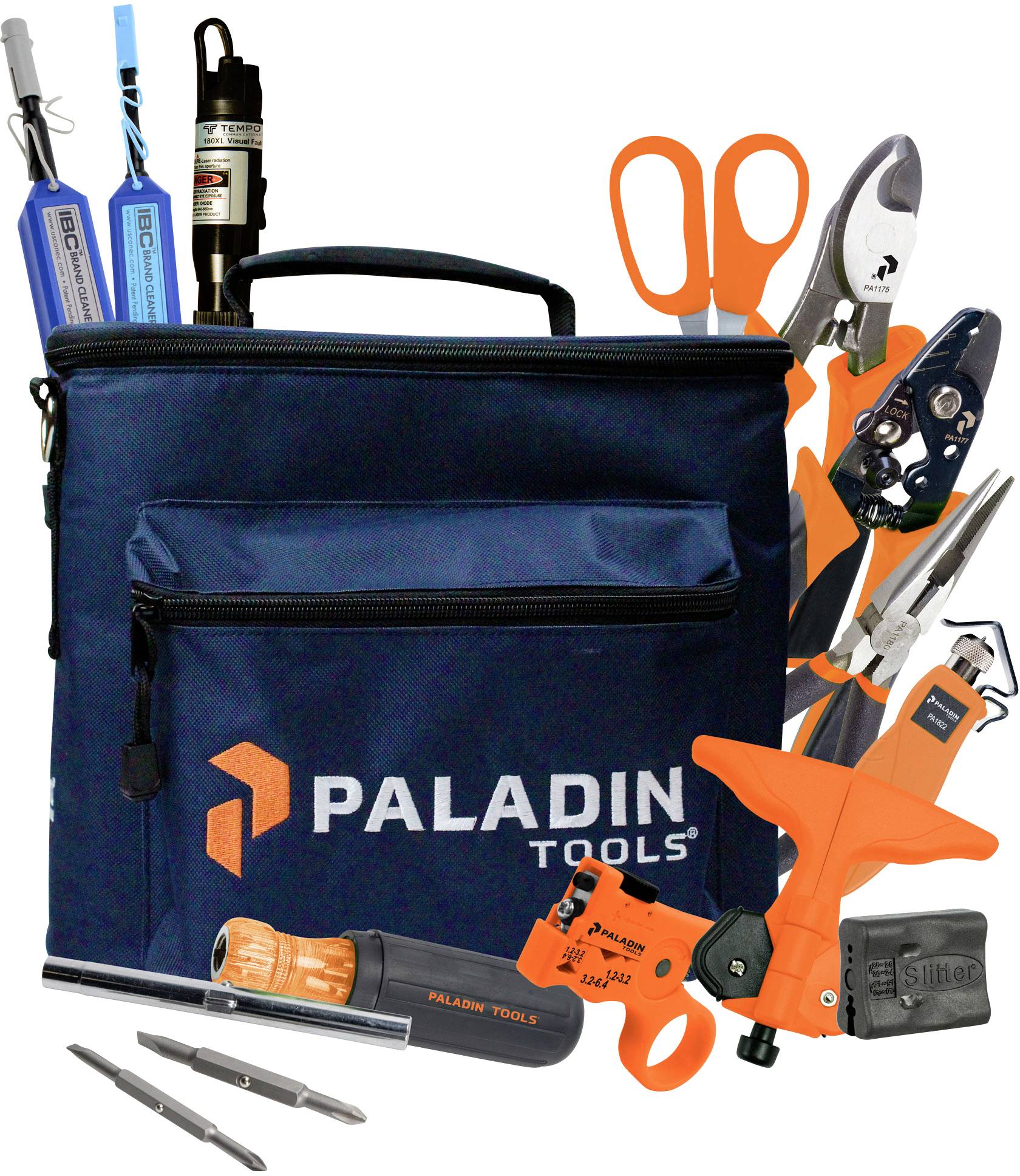 Gereedschapstas met 'PALADIN TOOLS'-logo, gevuld met verschillende gereedschappen zoals scharen, tangen en schroevendraaierkoppen.