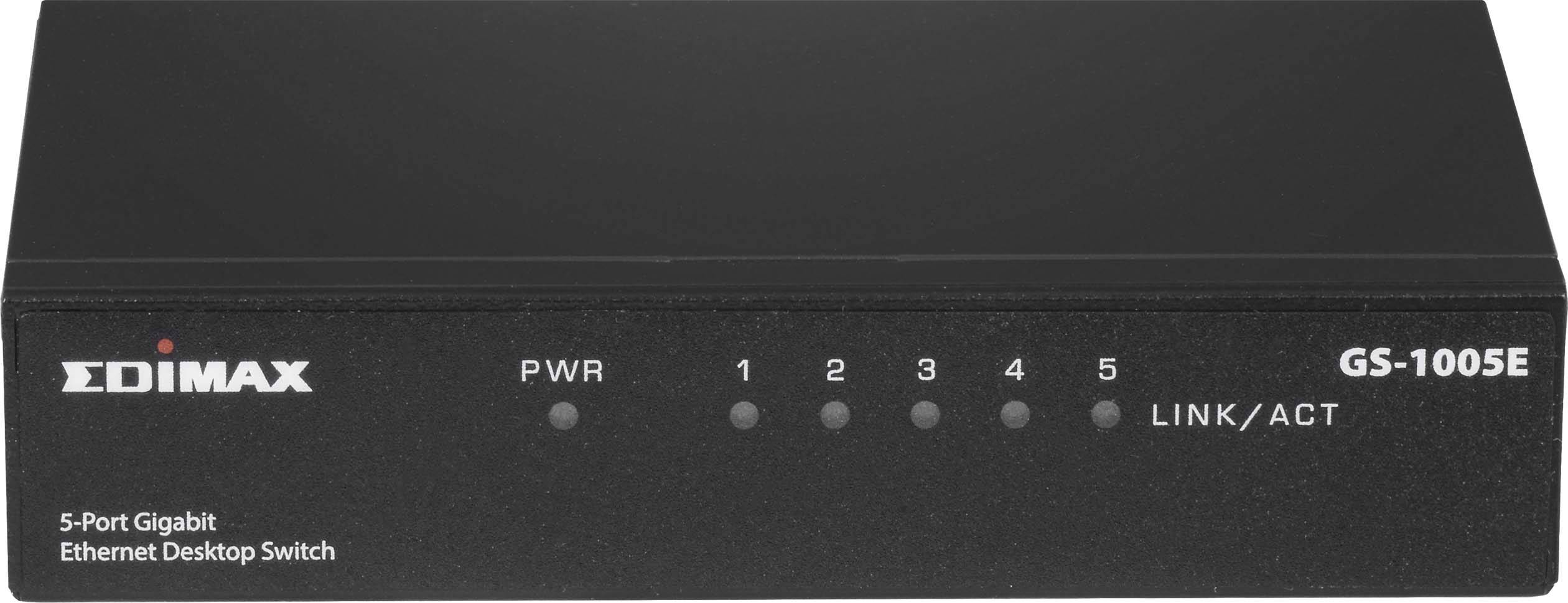 Een zwarte 5-poorts Gigabit Ethernet-switch van Edimax, model GS-1005E, met LED-indicatoren voor voeding en verbindingsactiviteit.