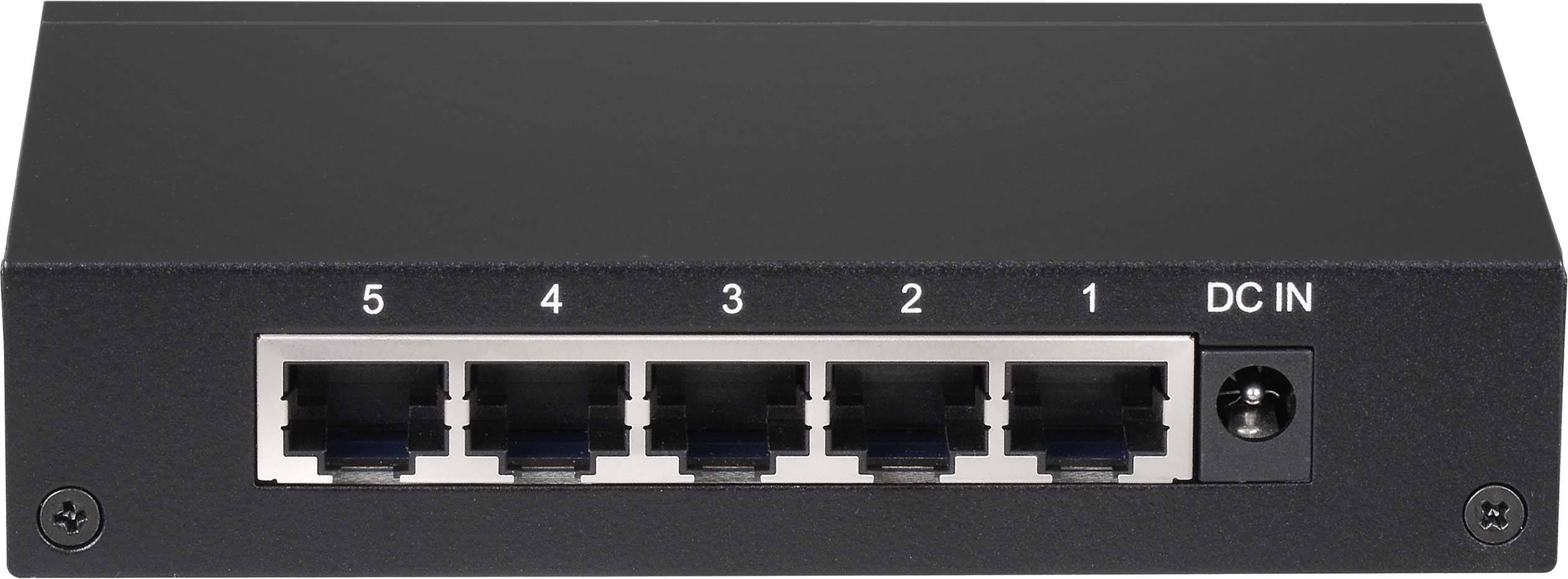 Een zwarte netwerk-switch met vijf Ethernet-poorten, genummerd van 1 tot 5, en een 'DC IN'-aansluiting rechts.