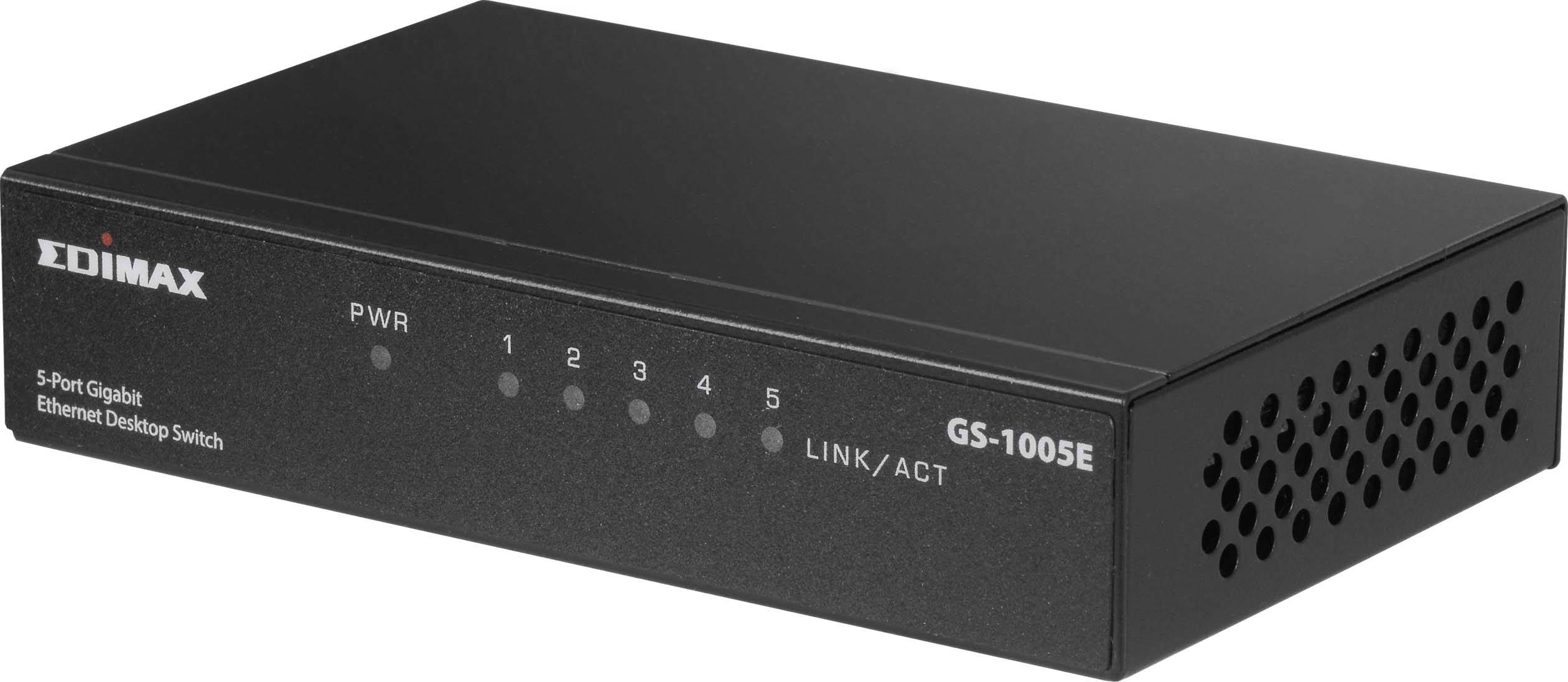 Een zwarte 5-poorts Gigabit Ethernet desktop-switch met LED-indicatoren voor 'PWR' en 'Link/ACT', merknaam 'Edimax', model 'GS-1005E'.